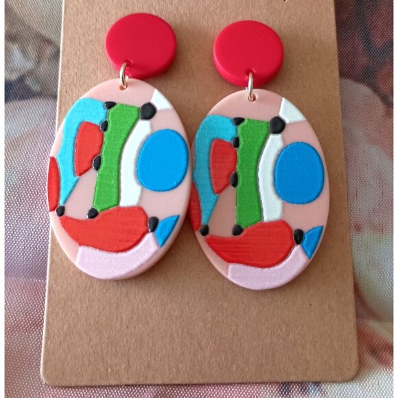 Colorful Abstract Art Oval Dangle Earrings Artsy Statement NEW NWT Gift - Picture 1 of 5